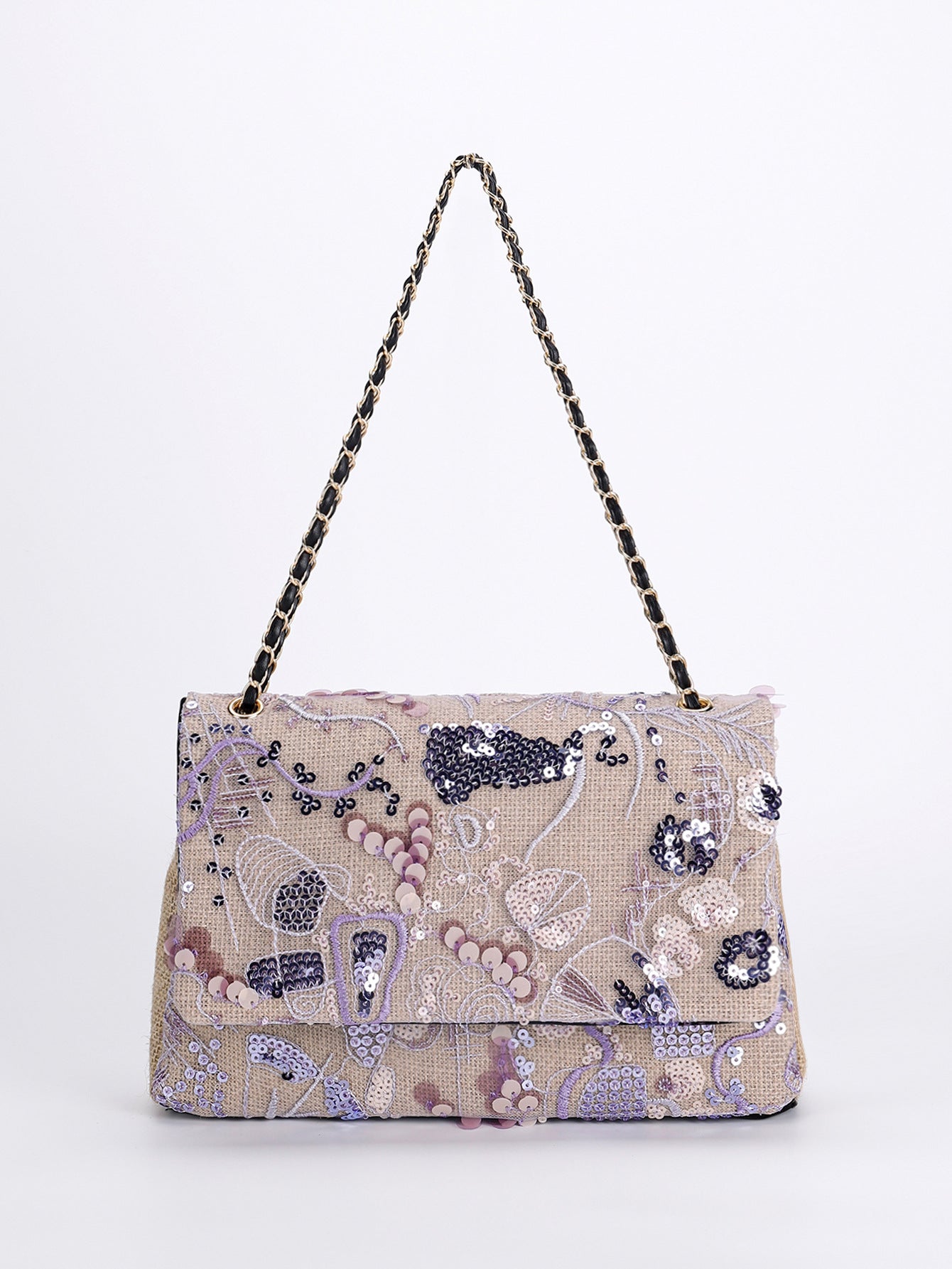 Embroidered Sequin Shoulder Bag – Straw Woven & Spacious