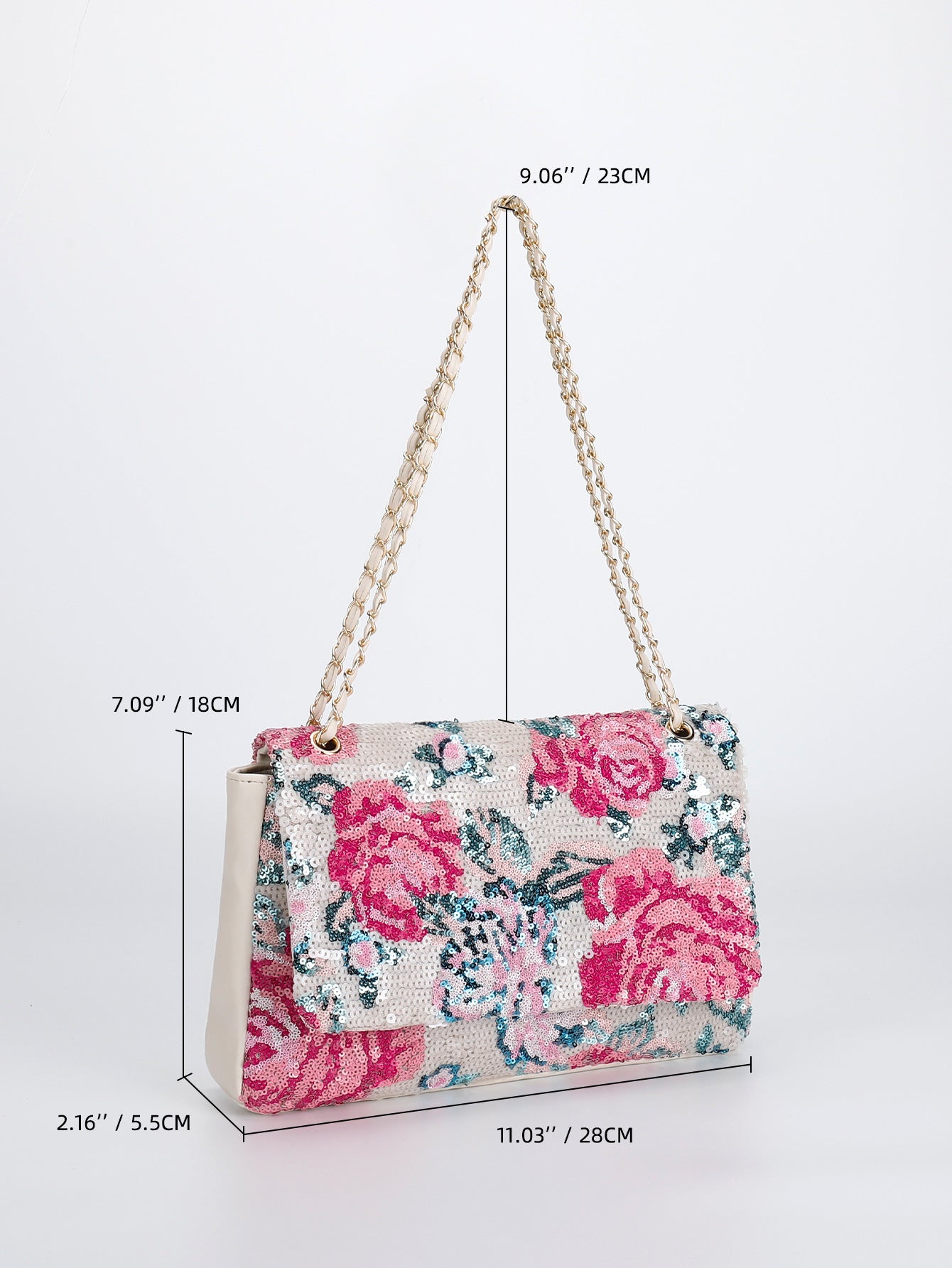 Rose Chain Crossbody Bag – Embroidered Denim & Floral Hearts