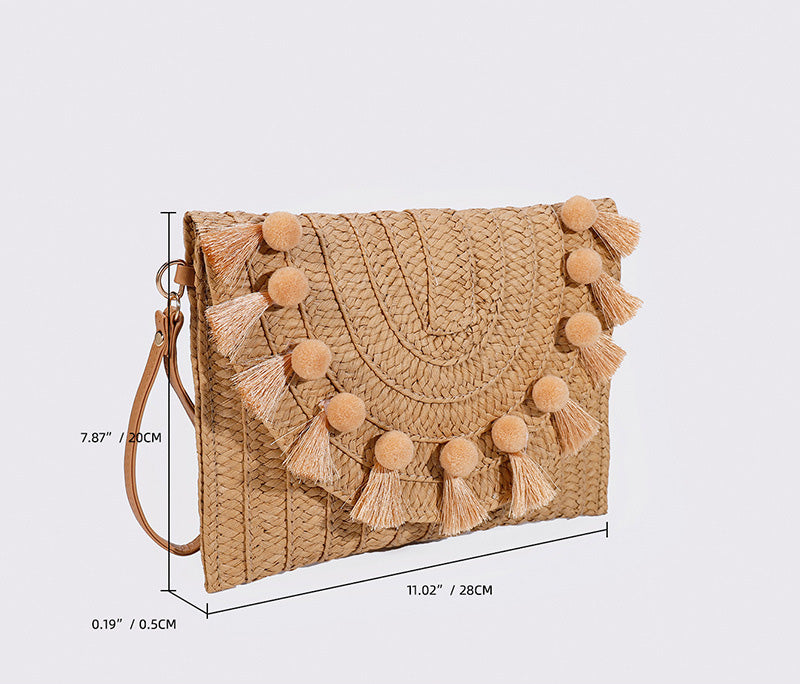 Fur ball clutch bag – Woven Straw Envelope Bag