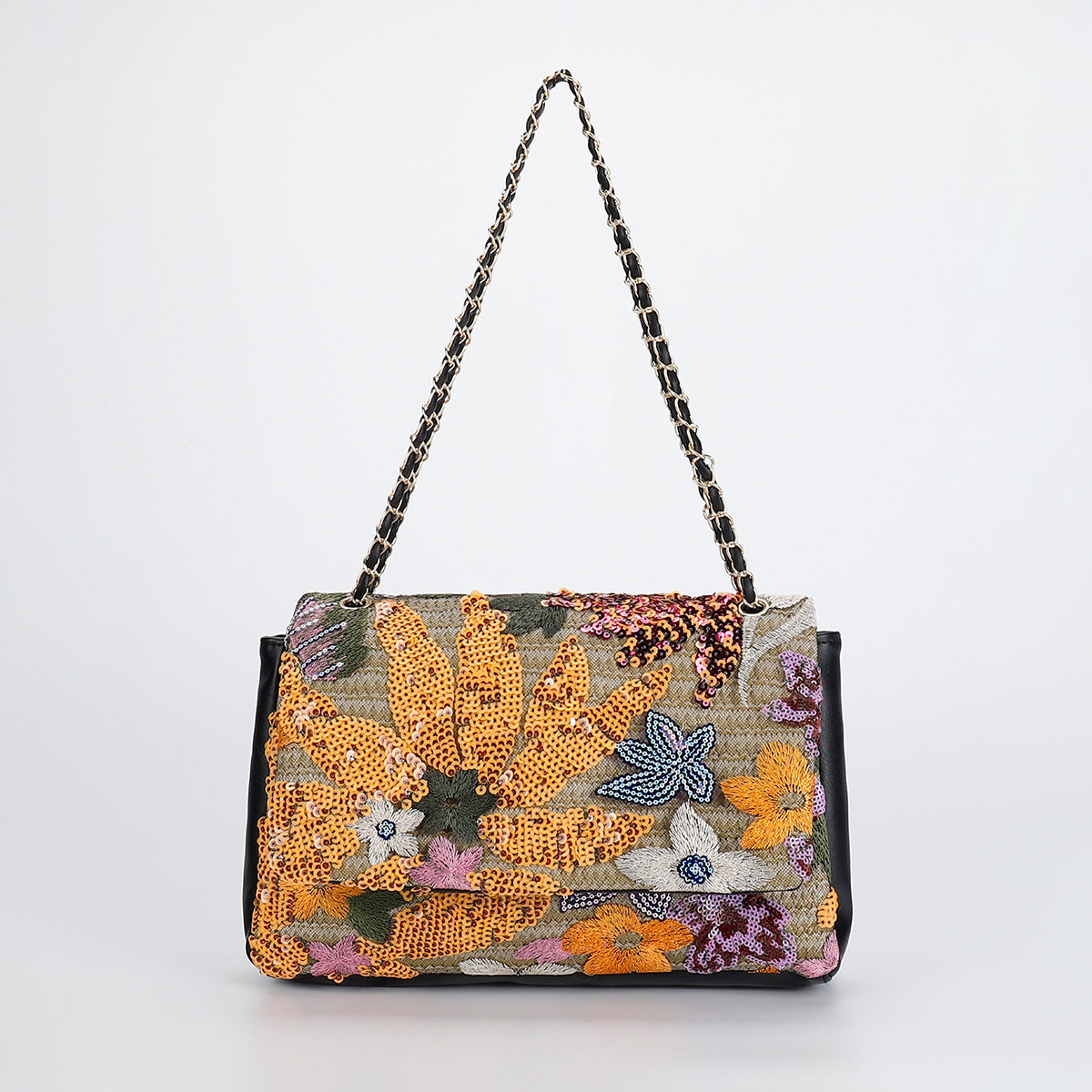 Rose Chain Crossbody Bag – Embroidered Denim & Floral Hearts