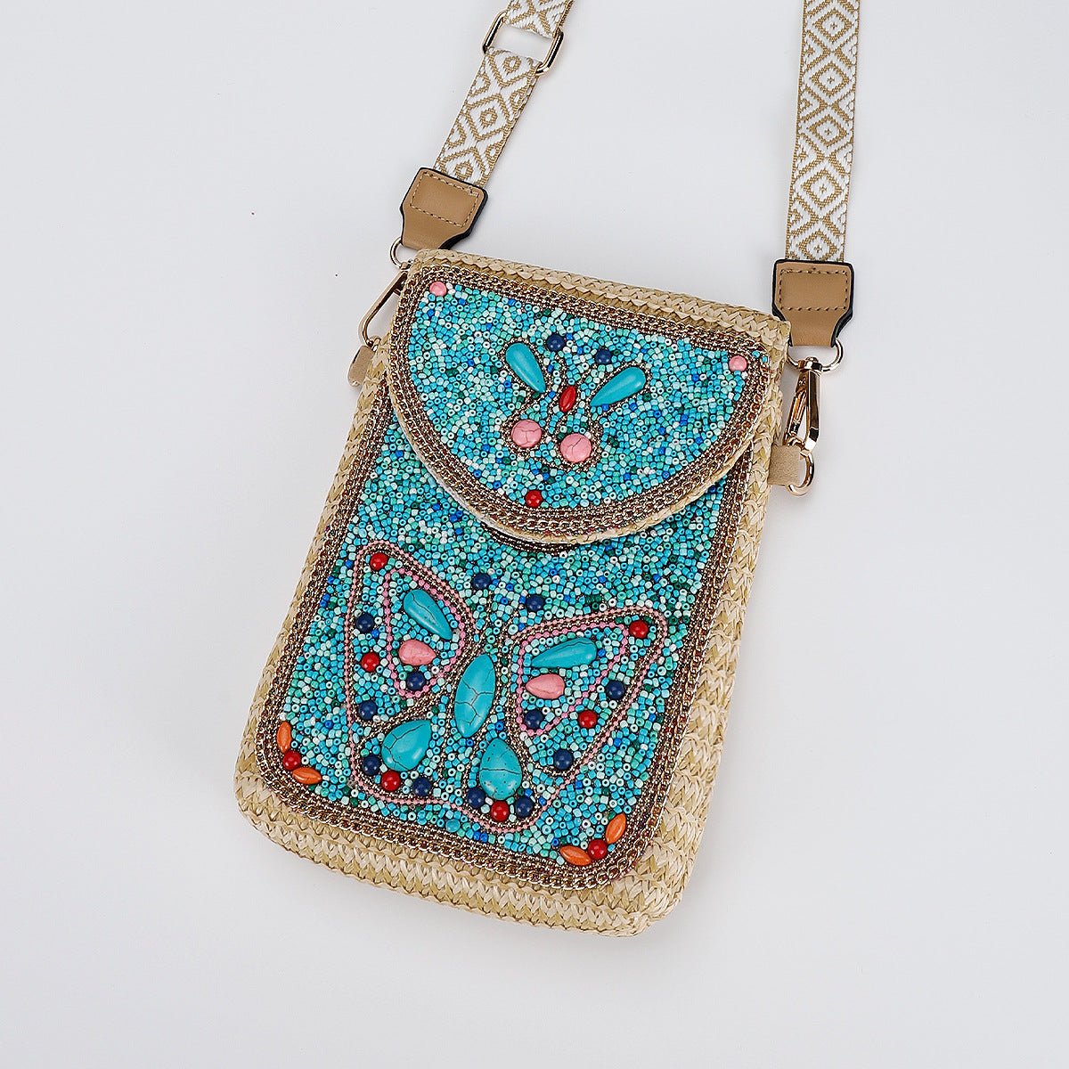 Beaded Straw Crossbody Bag – Woven Phone Pocket