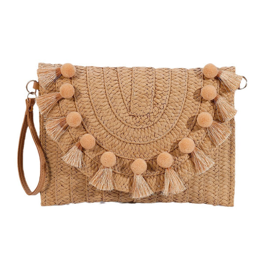 Fur ball clutch bag – Woven Straw Envelope Bag