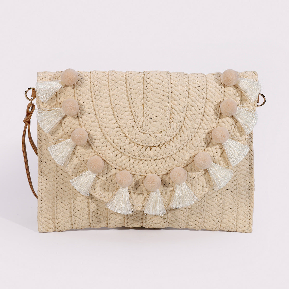 Fur ball clutch bag – Woven Straw Envelope Bag