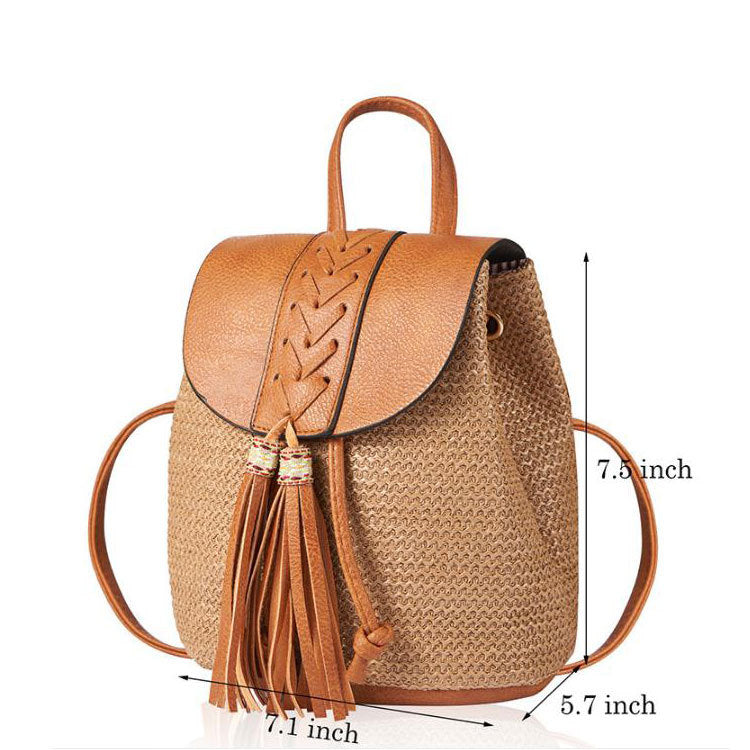 Woven Drawstring Bucket Bag – Mini Backpack with Fringe