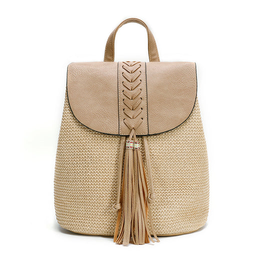 Woven Bucket Backpack – Drawstring & Fringe Design