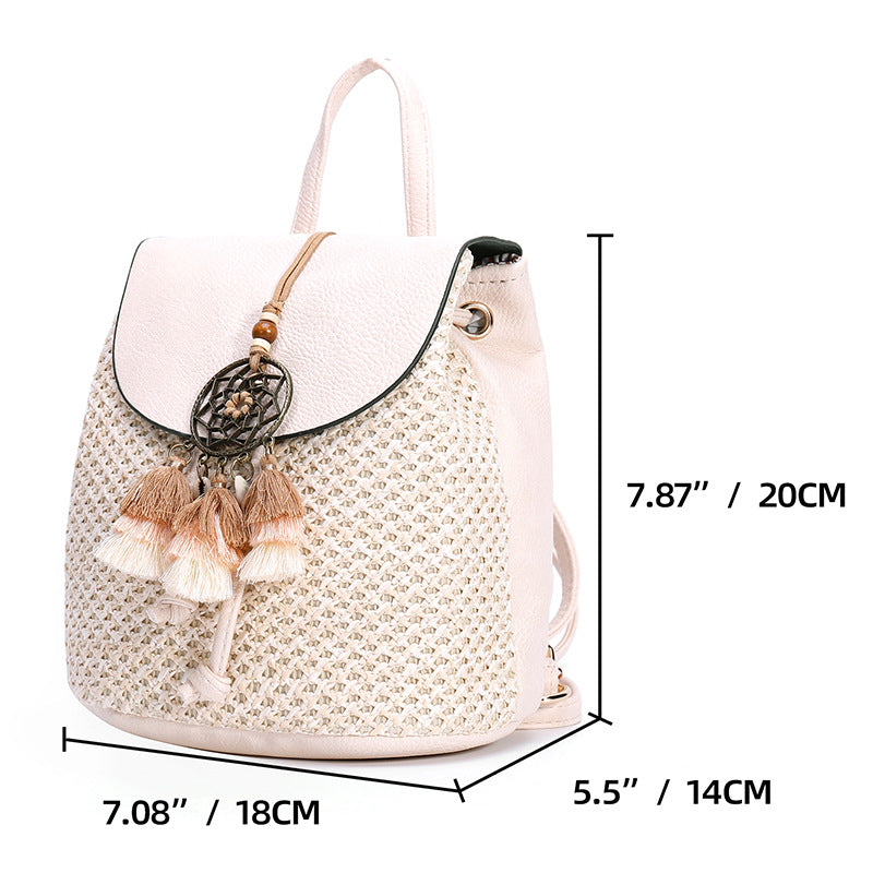 Artisan Woven Straw Bucket Bag - Summer Travel Backpack with Adjustable Straps