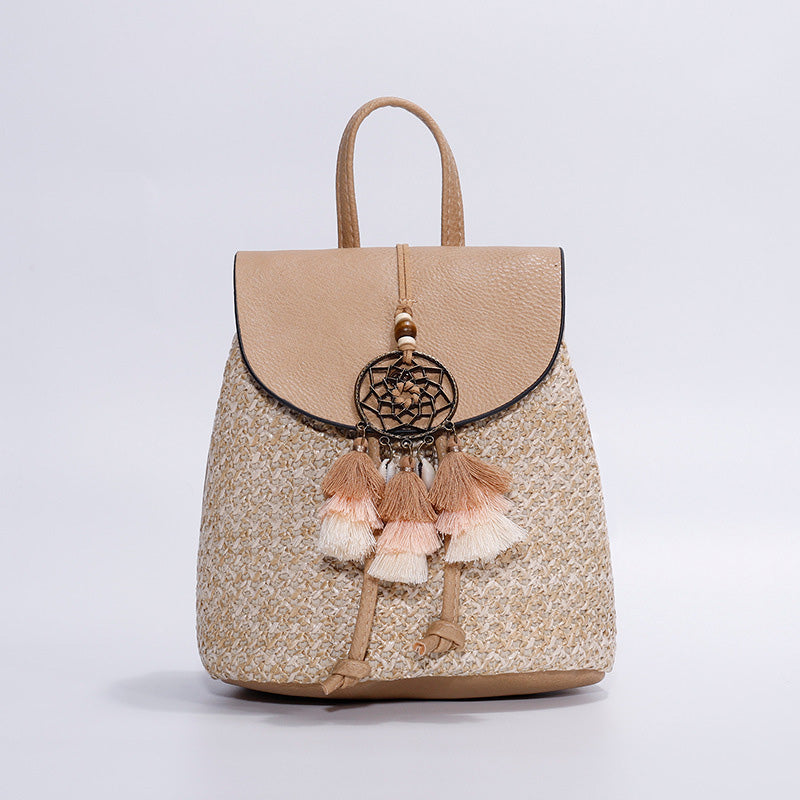 Artisan Woven Straw Bucket Bag - Summer Travel Backpack with Adjustable Straps