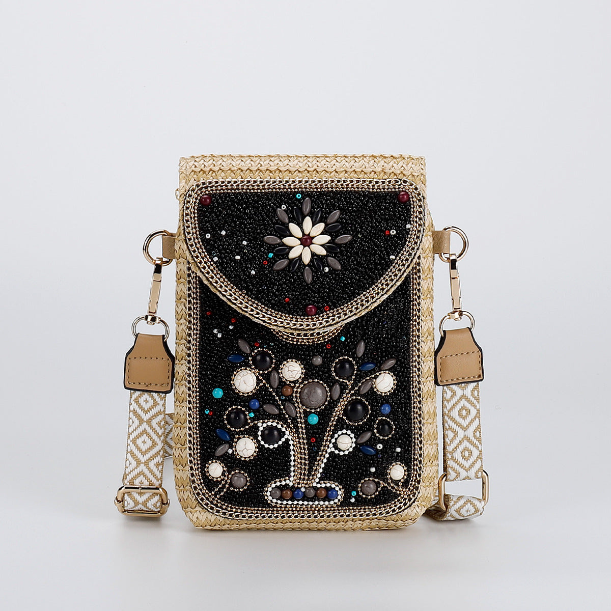 Beaded Straw Crossbody Bag – Woven Phone Pocket