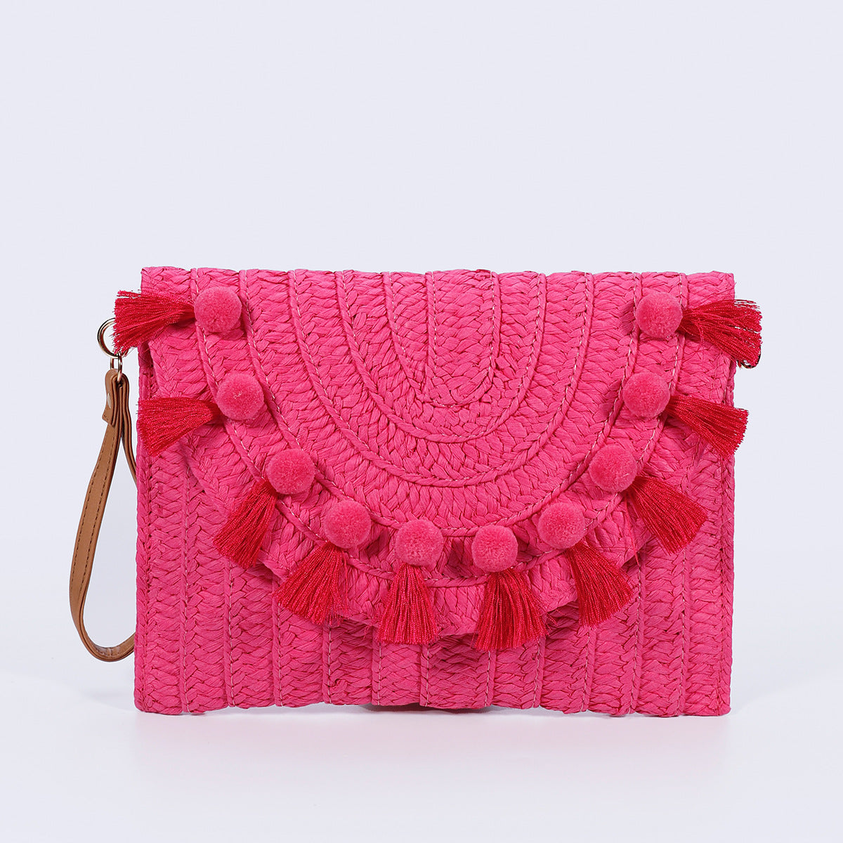 Fur ball clutch bag – Woven Straw Envelope Bag