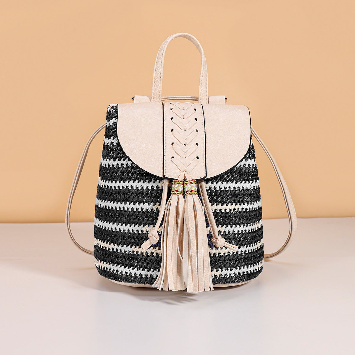 Woven Drawstring Bucket Bag – Mini Backpack with Fringe