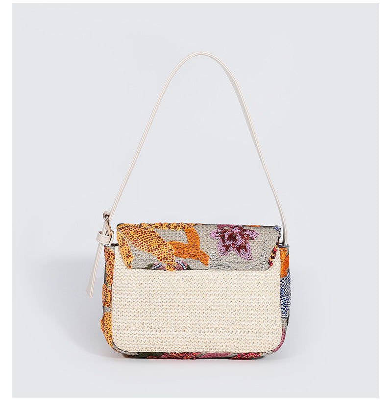 Embroidered Straw Bag – Sequin Accent & Chic Underarm Style