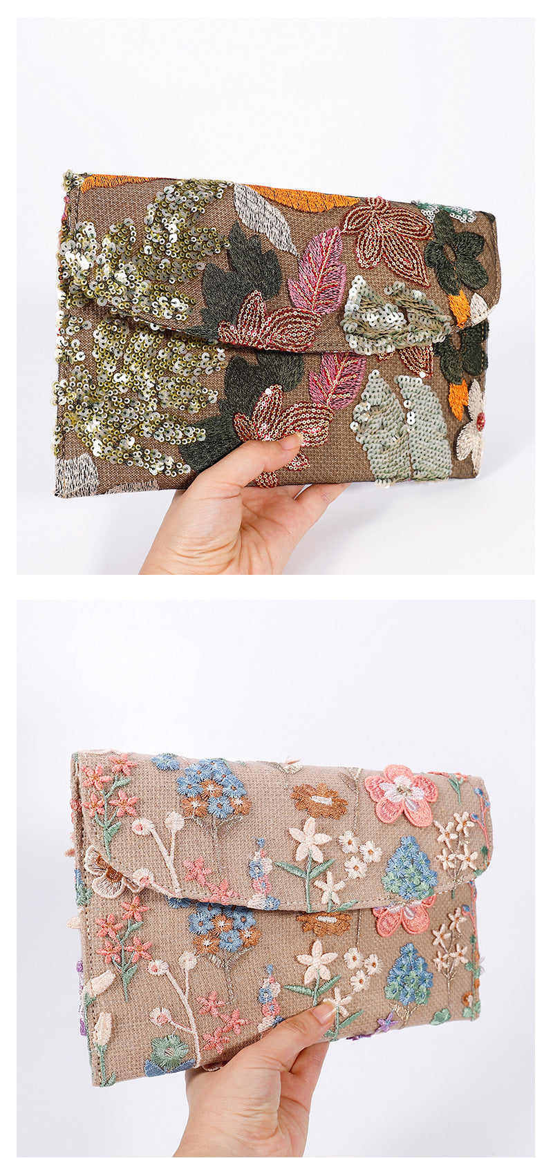 Embroidered Straw Clutch – Sequin & Envelope Style