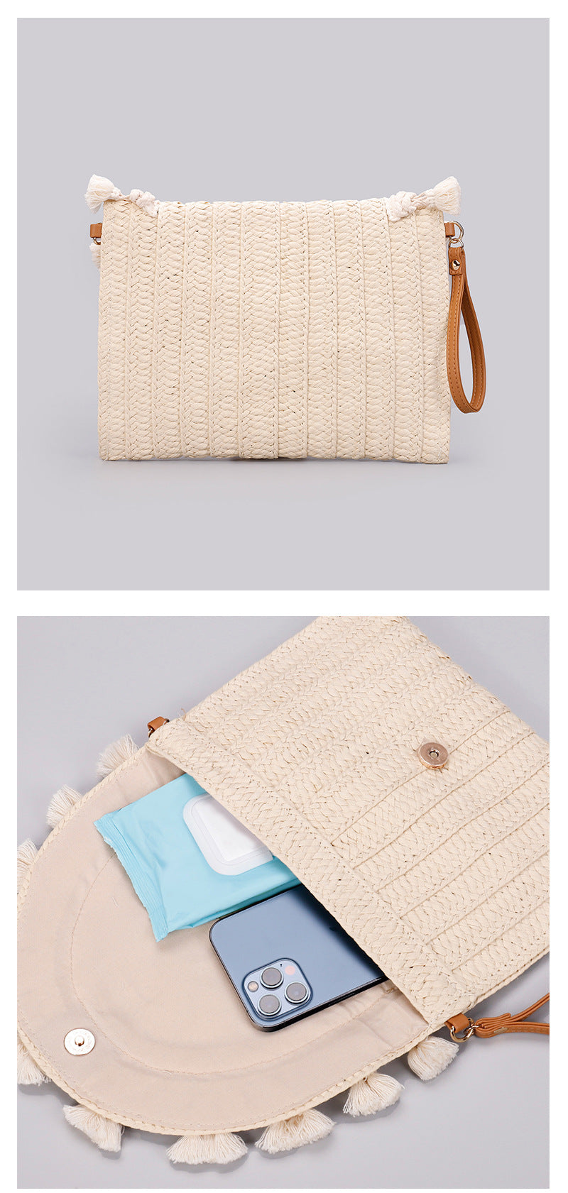 Paper Straw Envelope Bag – Woven Clutch with Fringe