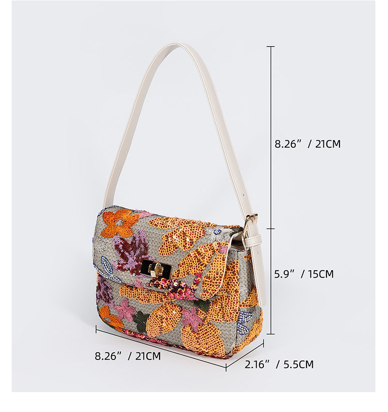 Embroidered Straw Bag – Sequin Accent & Chic Underarm Style