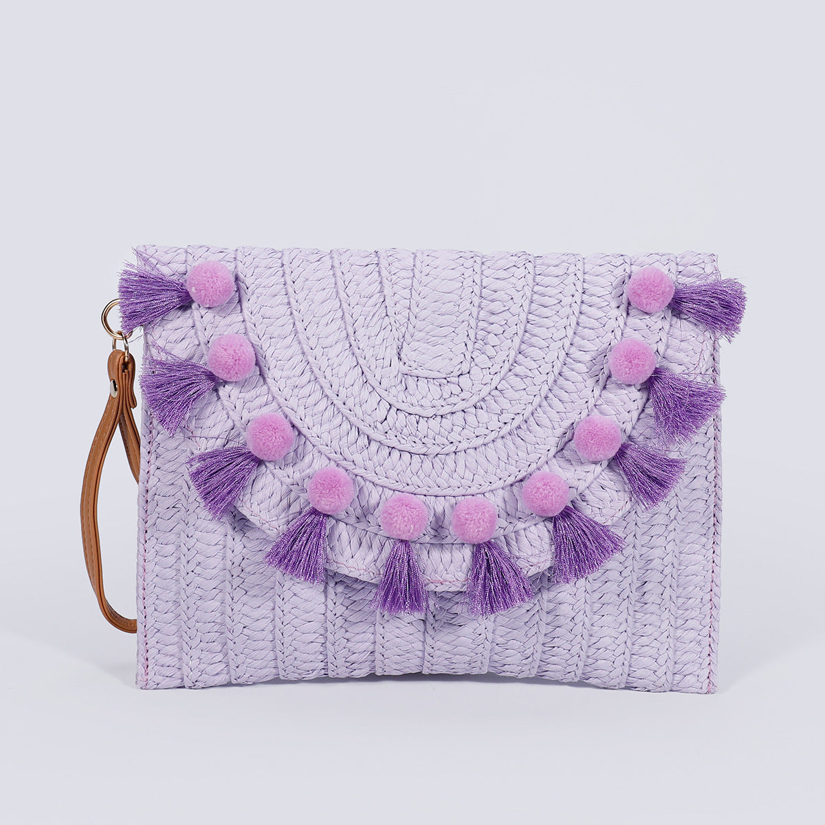 Fur ball clutch bag – Woven Straw Envelope Bag