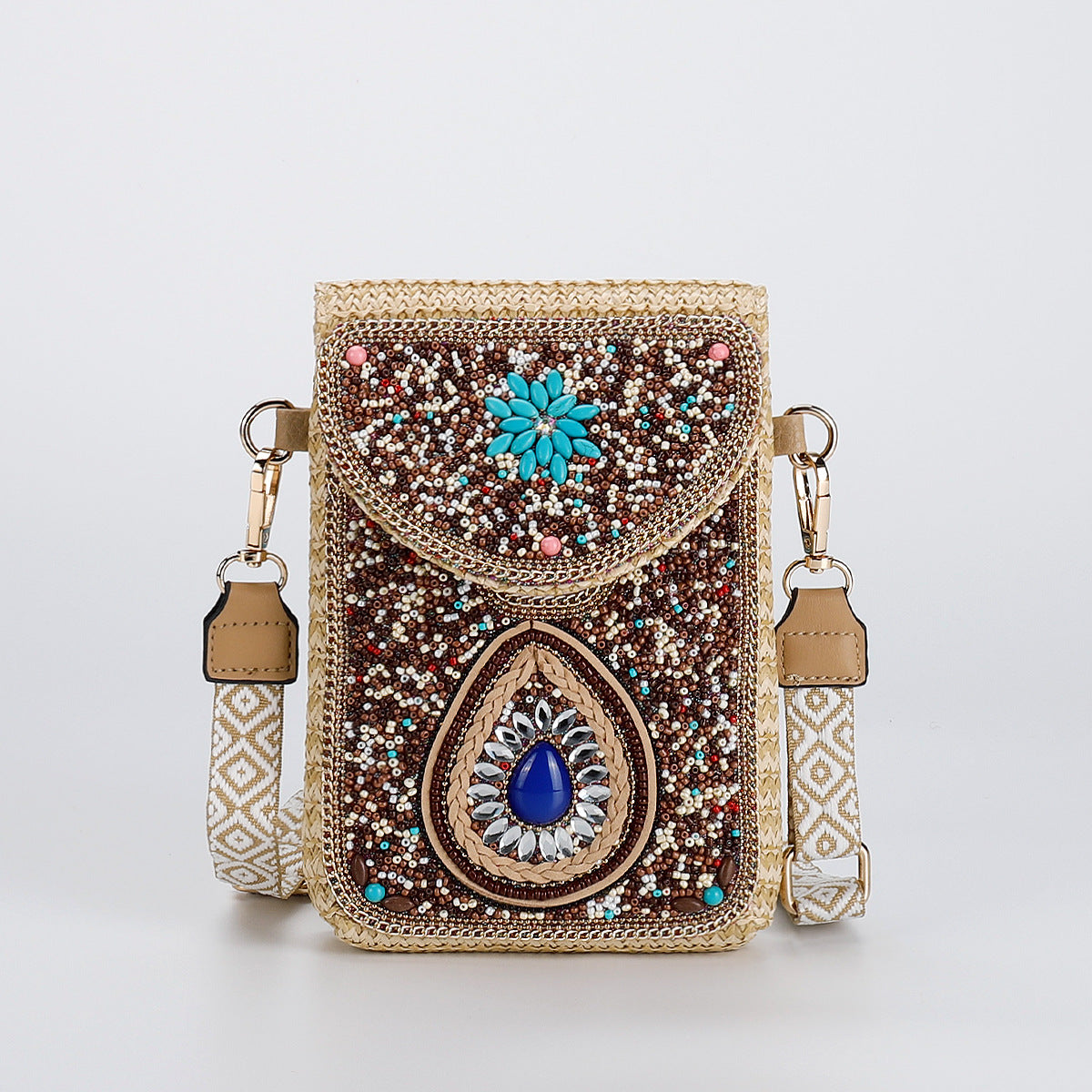 Beaded Straw Crossbody Bag – Woven Phone Pocket