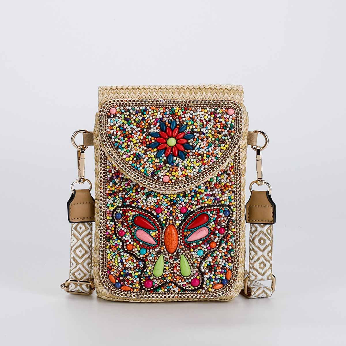 Beaded Straw Crossbody Bag – Woven Phone Pocket