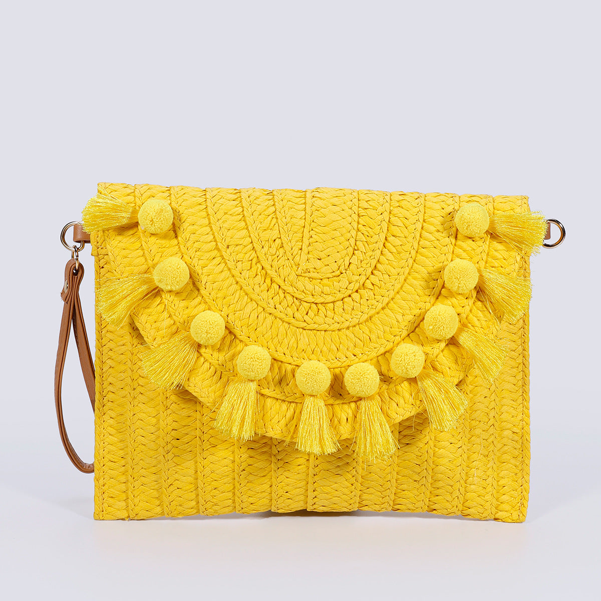 Fur ball clutch bag – Woven Straw Envelope Bag