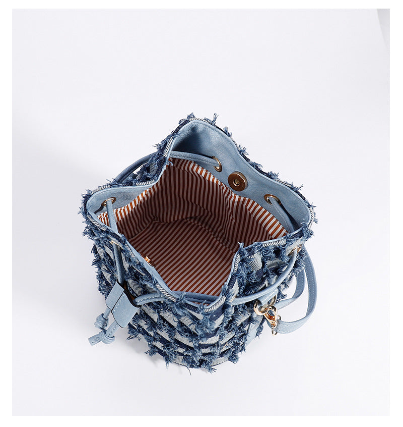 Denim Drawstring Shoulder Bag – Bucket Crossbody