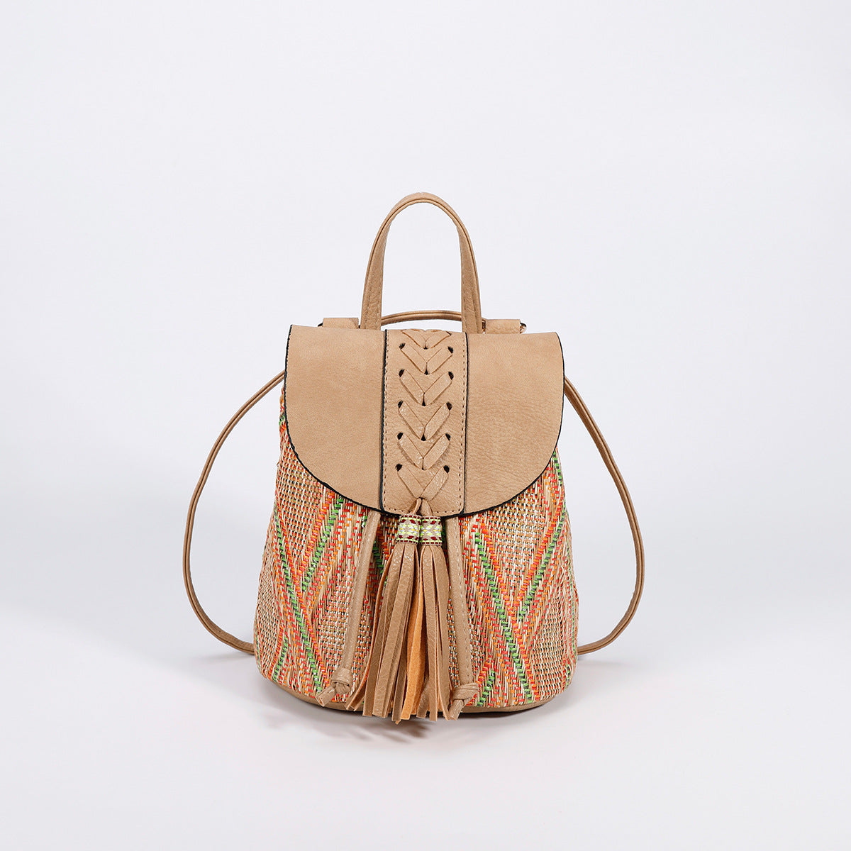 Woven Drawstring Bucket Bag – Mini Backpack with Fringe