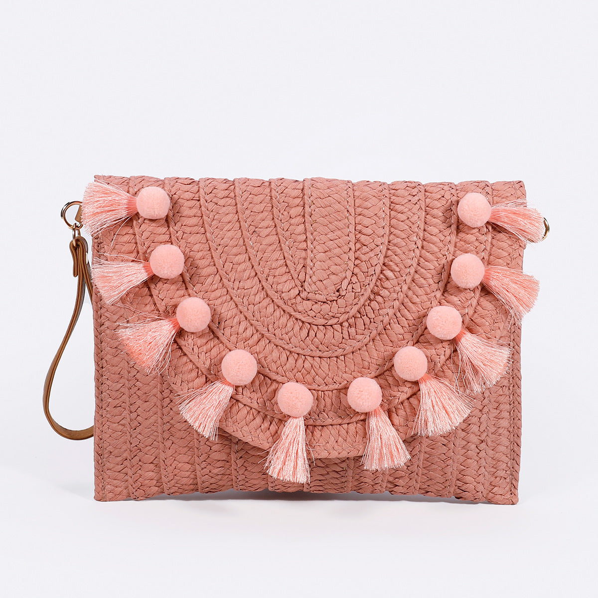 Fur ball clutch bag – Woven Straw Envelope Bag