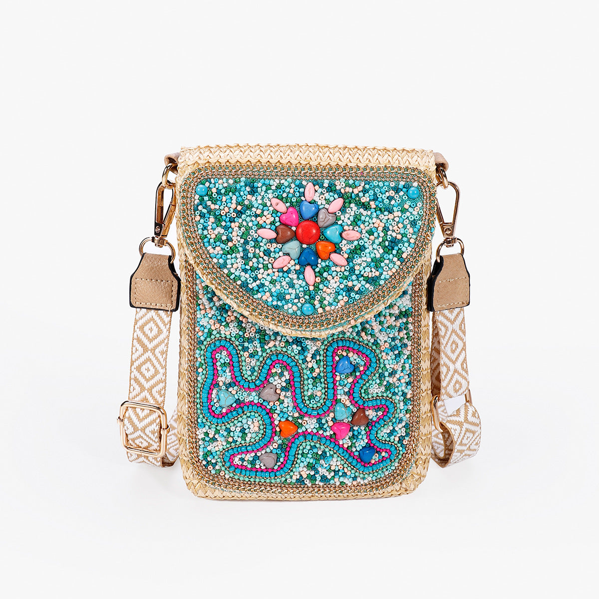 Beaded Straw Crossbody Bag – Woven Phone Pocket