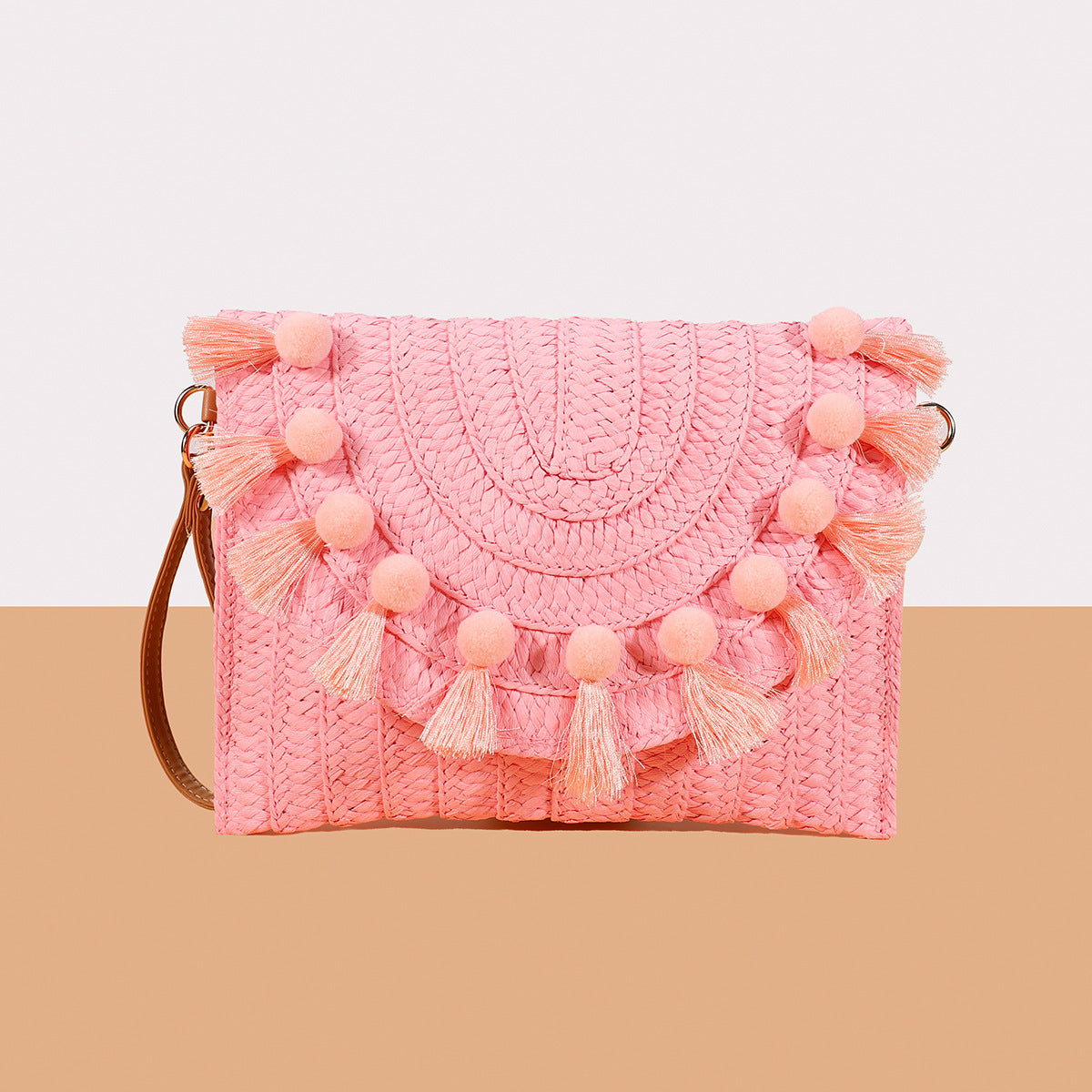 Fur ball clutch bag – Woven Straw Envelope Bag