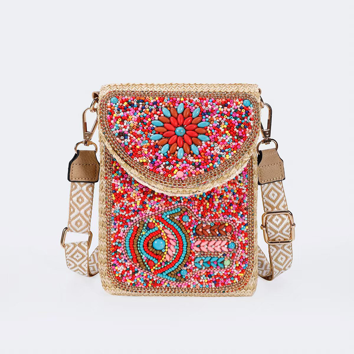 Beaded Straw Crossbody Bag – Woven Phone Pocket