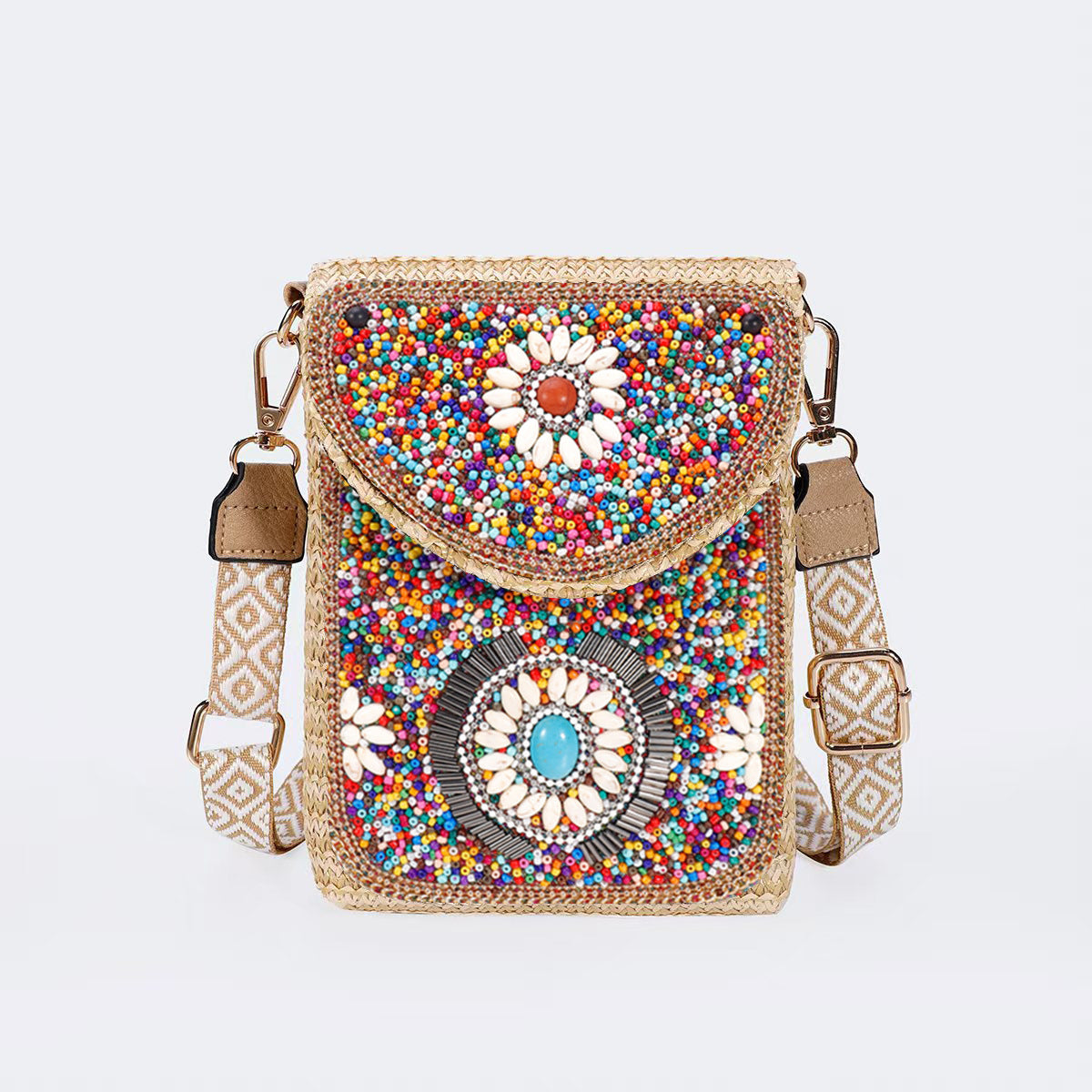 Beaded Straw Crossbody Bag – Woven Phone Pocket