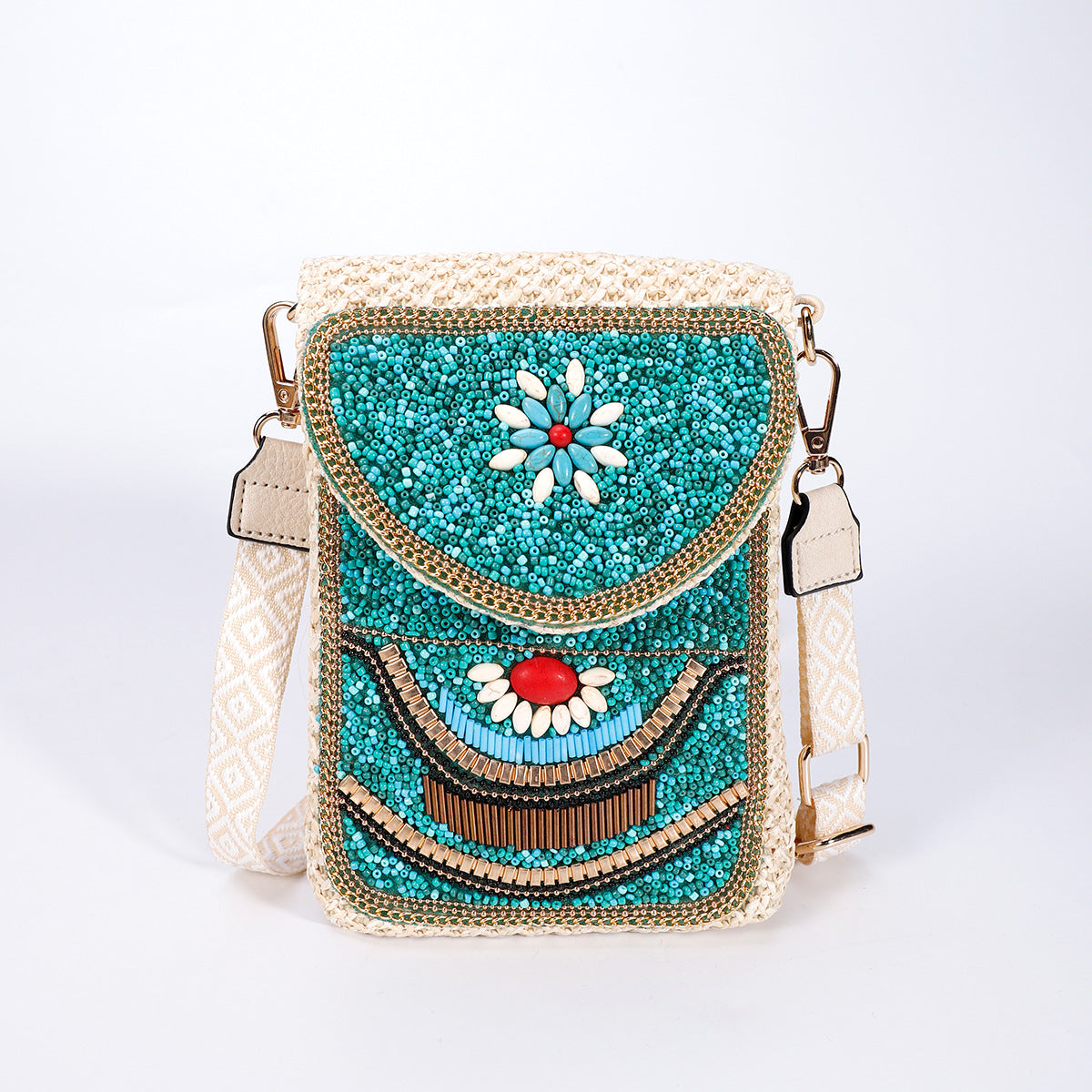 Beaded Straw Crossbody Bag – Woven Phone Pocket