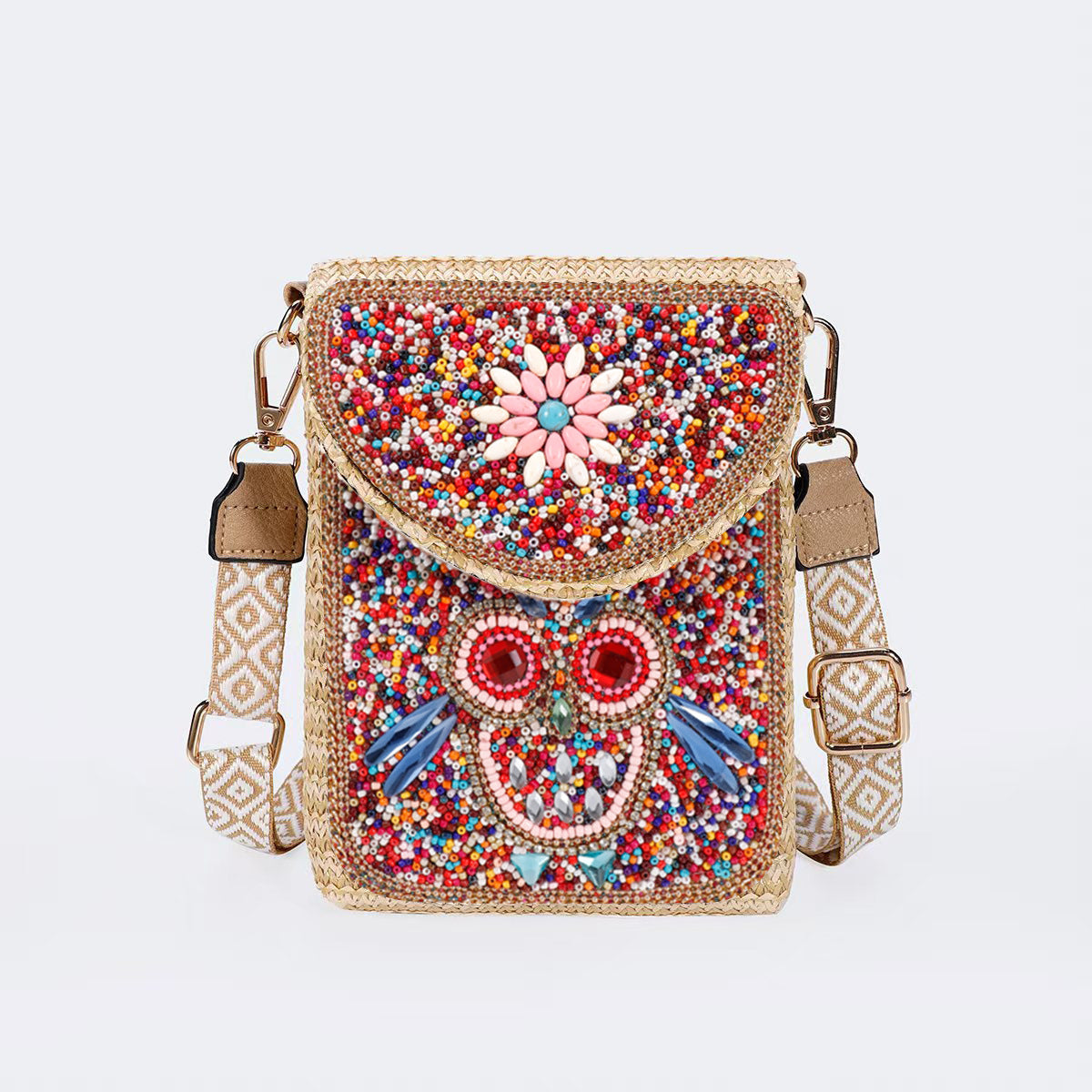 Beaded Straw Crossbody Bag – Woven Phone Pocket