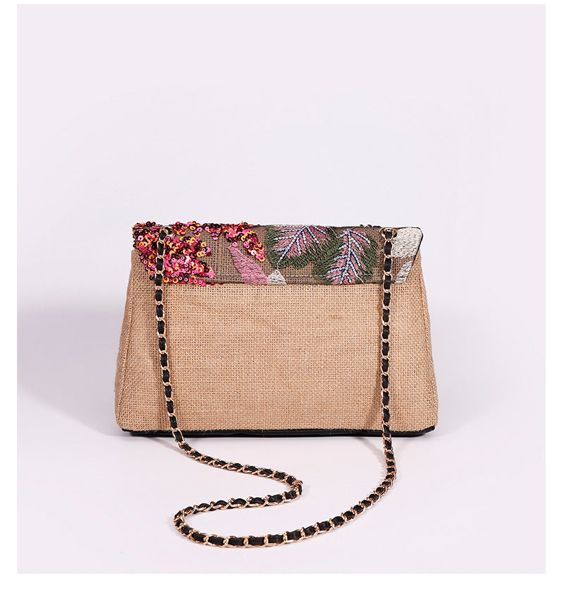 Embroidered Sequin Shoulder Bag – Straw Woven & Spacious