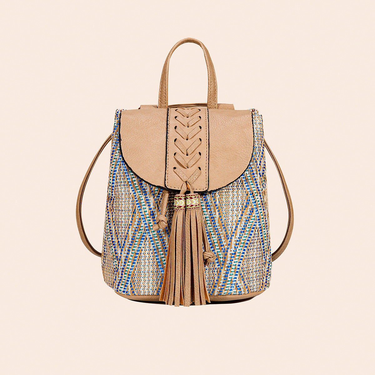 Artisan Woven Straw Bucket Bag - Summer Travel Backpack with Adjustable Straps