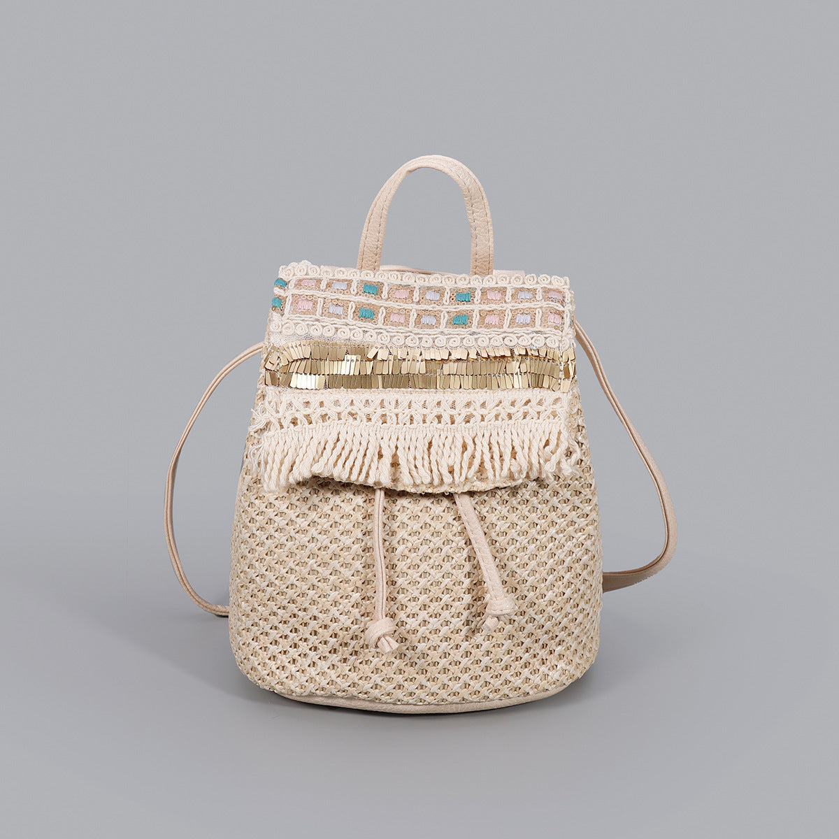 Artisan Woven Straw Bucket Bag - Summer Travel Backpack with Adjustable Straps