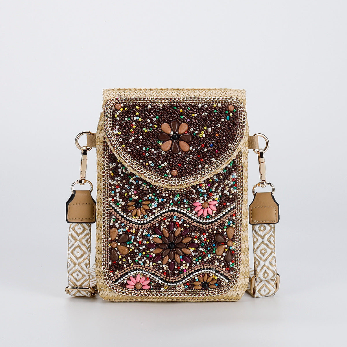 Beaded Straw Crossbody Bag – Woven Phone Pocket