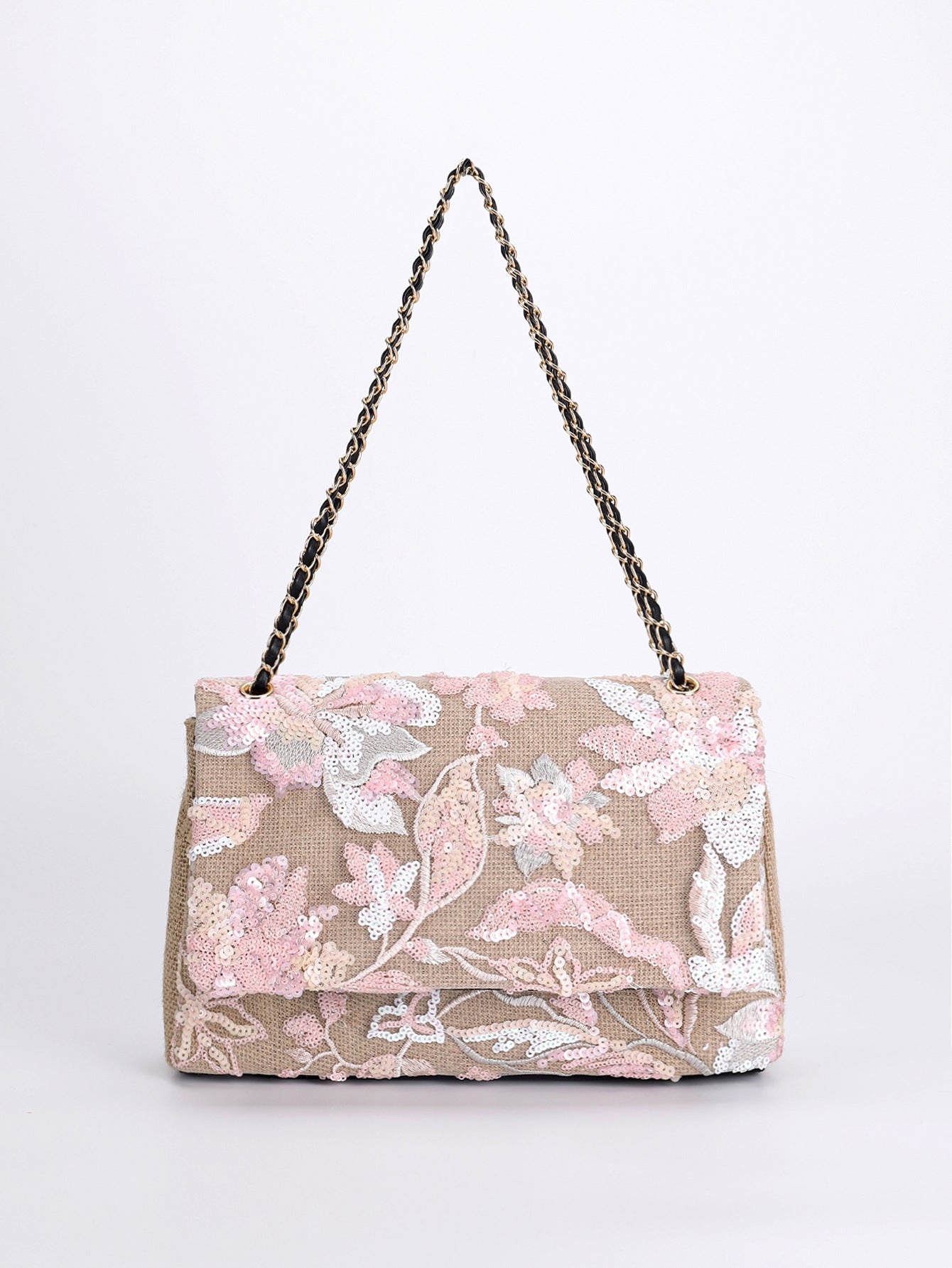 Embroidered Sequin Shoulder Bag – Straw Woven & Spacious