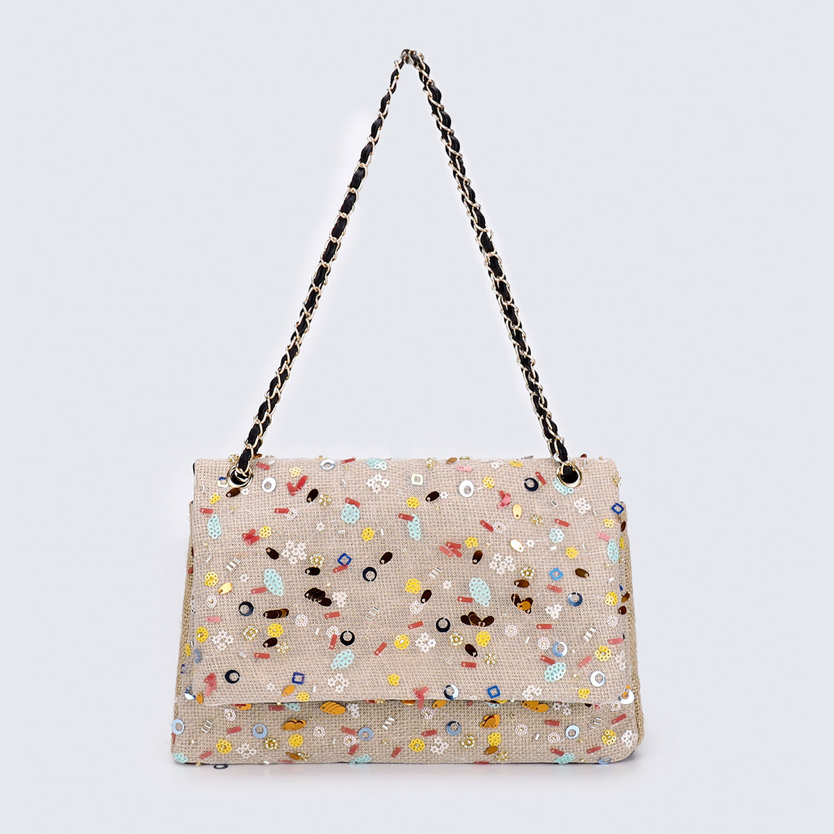 Embroidered Sequin Shoulder Bag – Straw Woven & Spacious