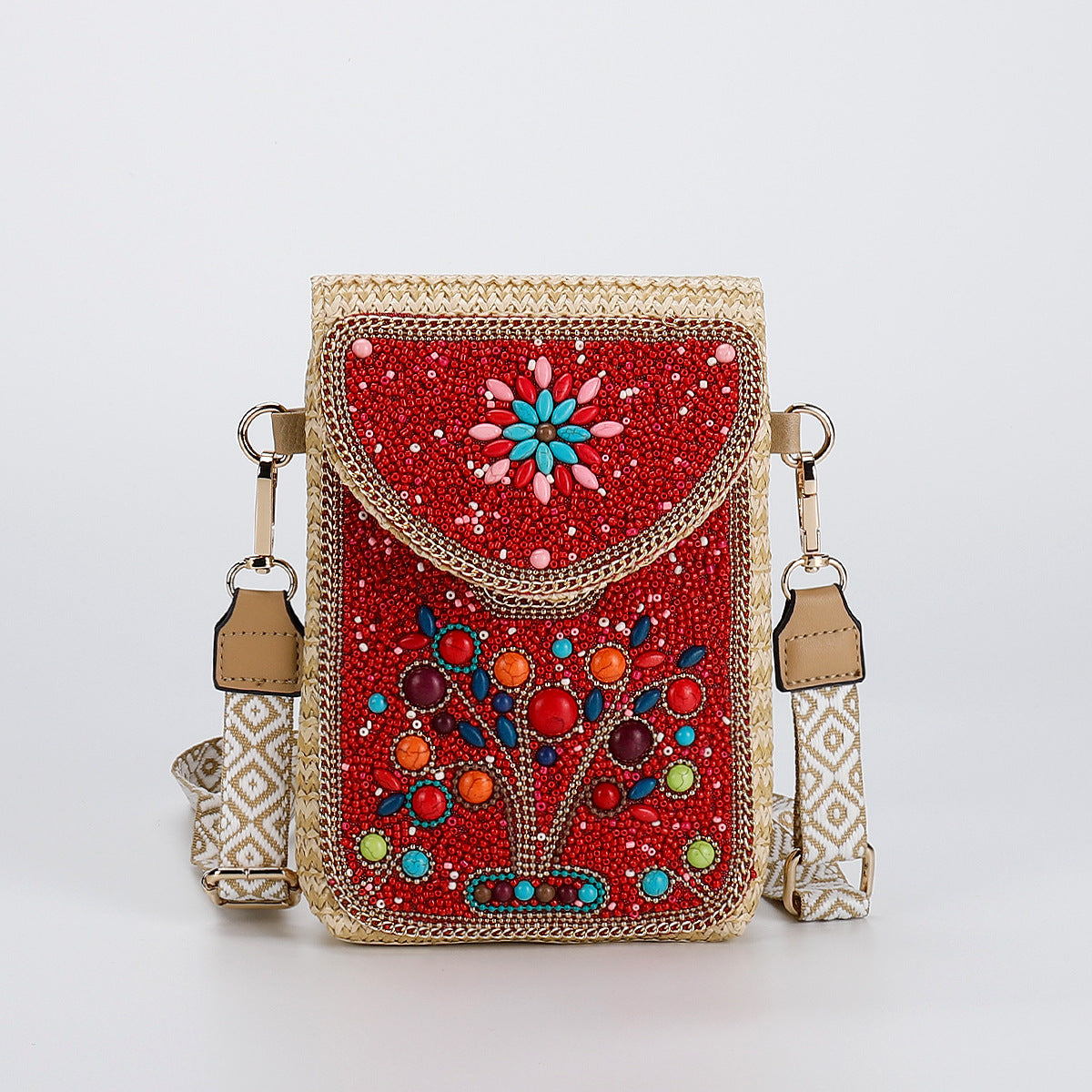 Beaded Straw Crossbody Bag – Woven Phone Pocket