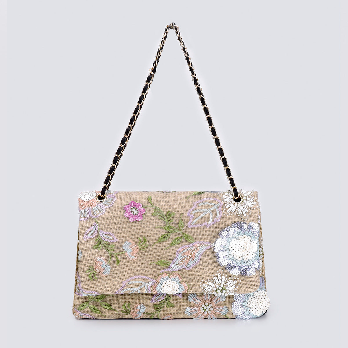 Embroidered Sequin Shoulder Bag – Straw Woven & Spacious