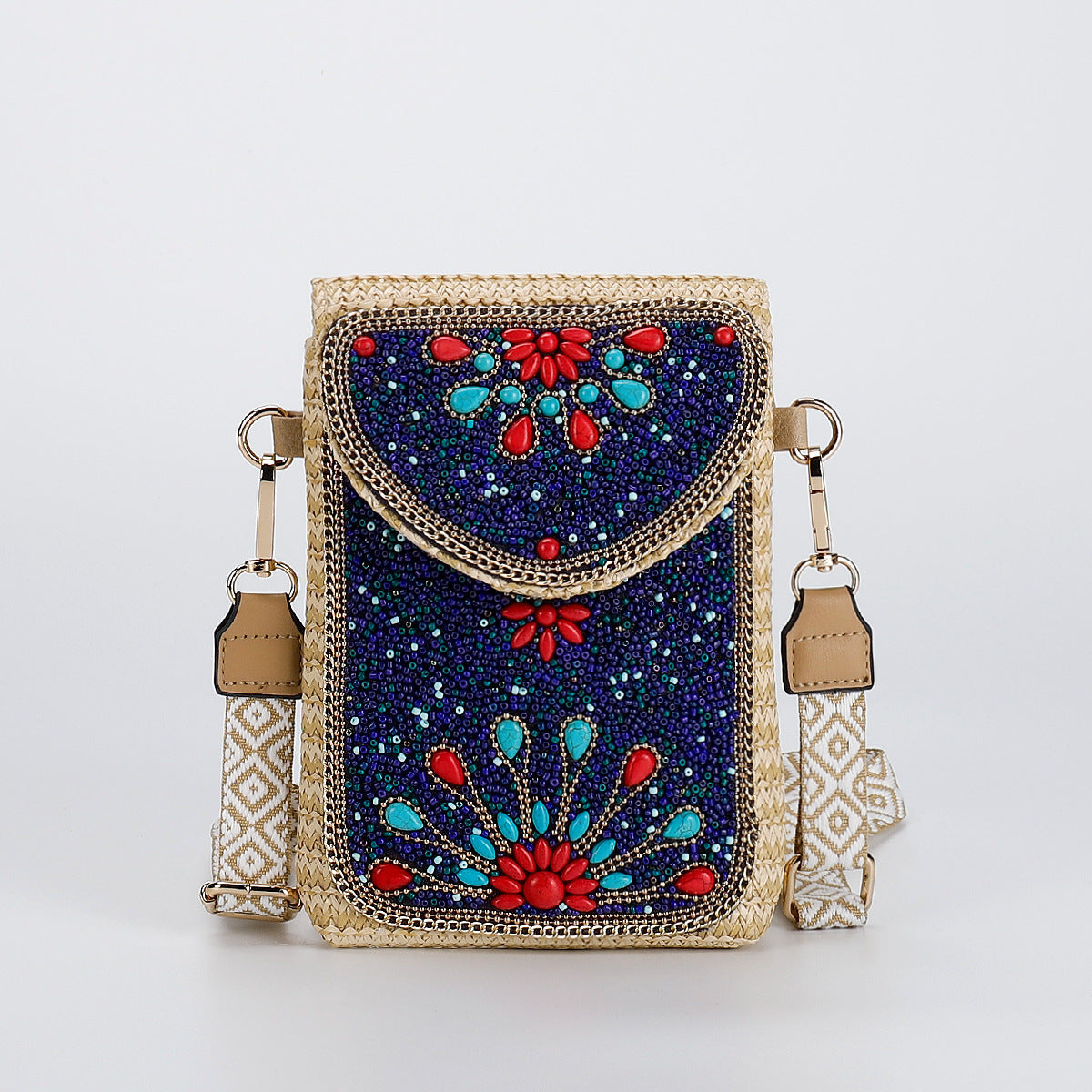 Beaded Straw Crossbody Bag – Woven Phone Pocket