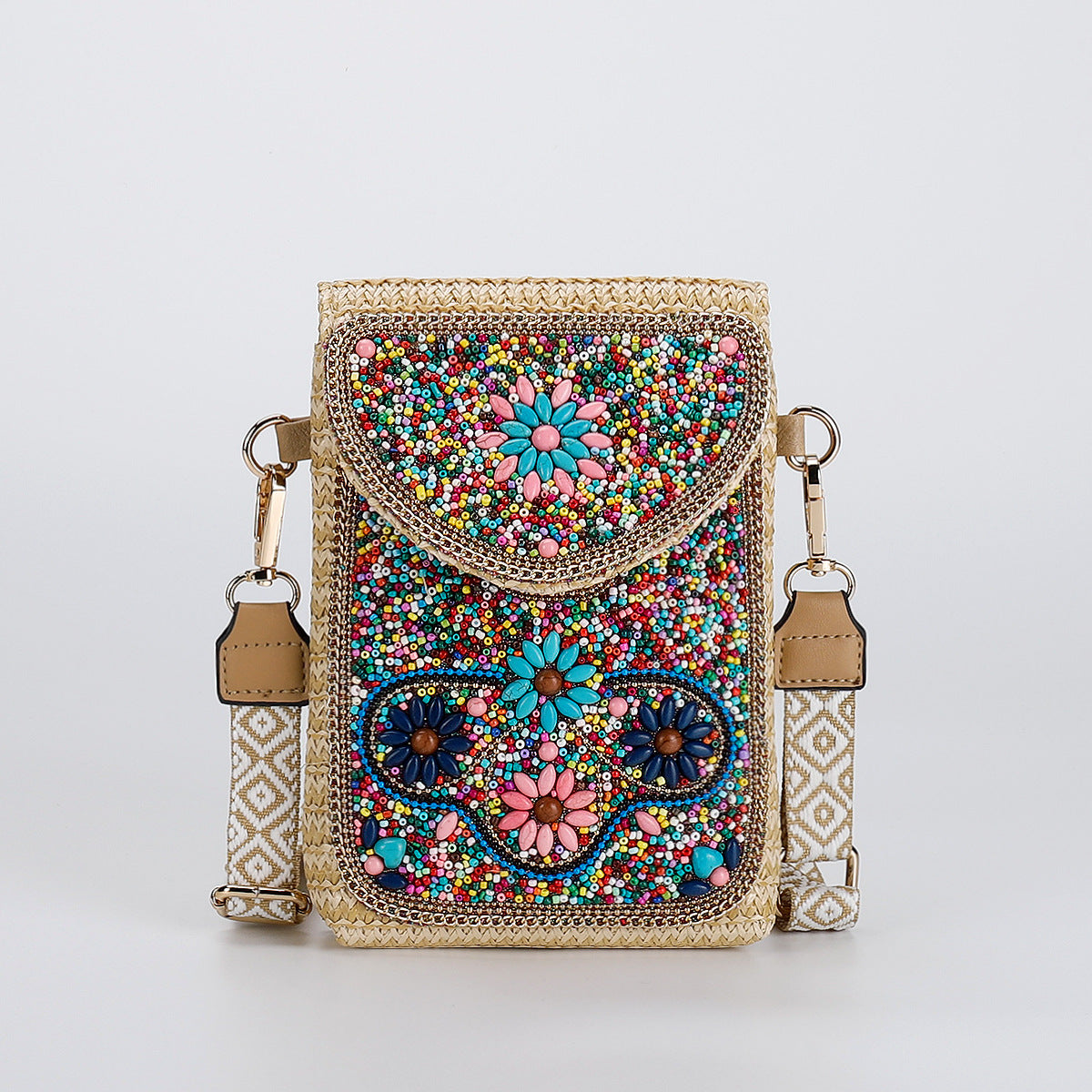 Beaded Straw Crossbody Bag – Woven Phone Pocket