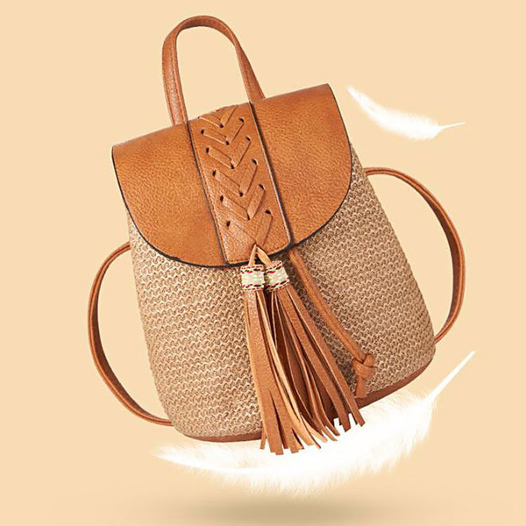 Artisan Woven Straw Bucket Bag - Summer Travel Backpack with Adjustable Straps