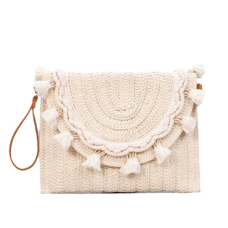 Paper Straw Envelope Bag – Woven Clutch with Fringe