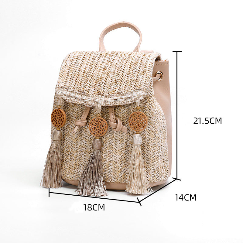 Artisan Woven Straw Bucket Bag - Summer Travel Backpack with Adjustable Straps