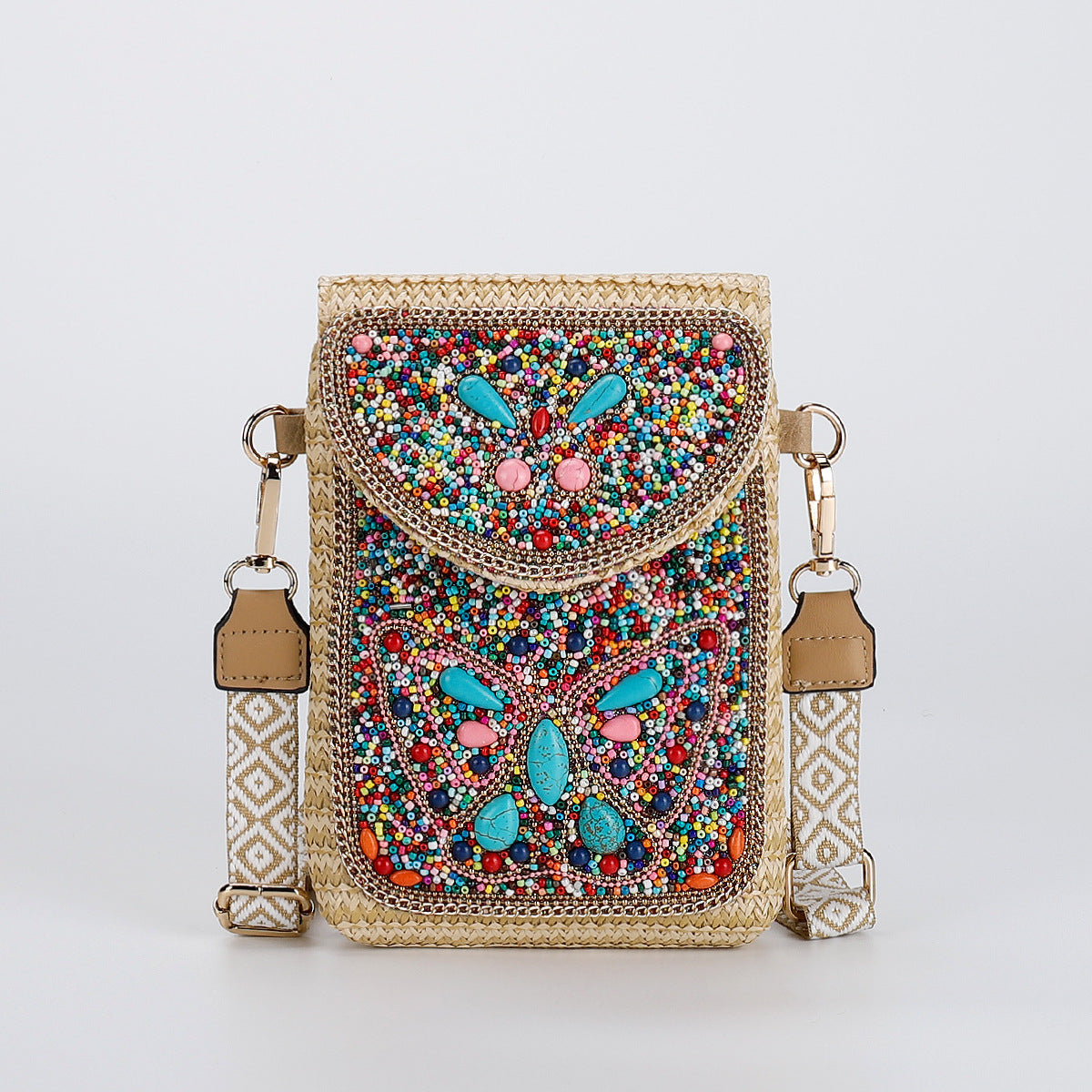 Beaded Straw Crossbody Bag – Woven Phone Pocket