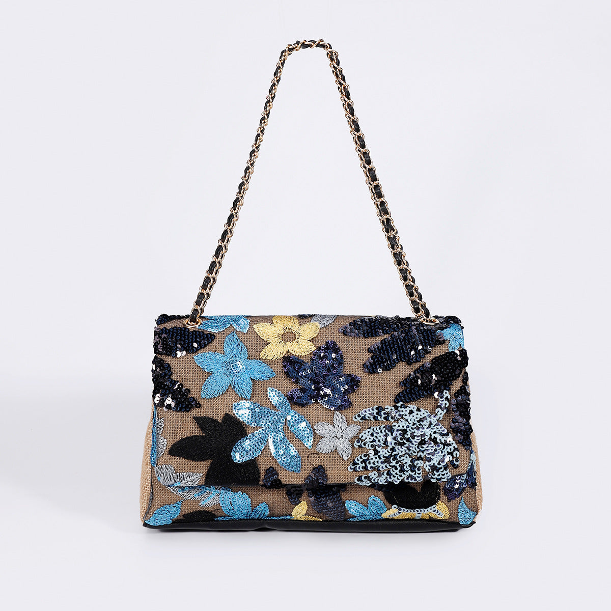 Embroidered Sequin Shoulder Bag – Straw Woven & Spacious