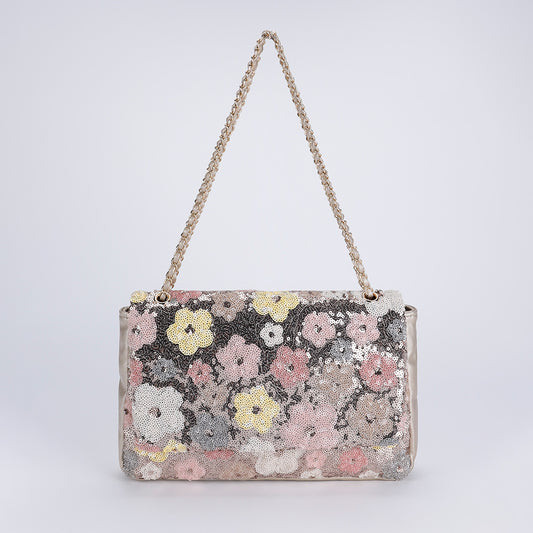 Rose Chain Crossbody Bag – Embroidered Denim & Floral Hearts