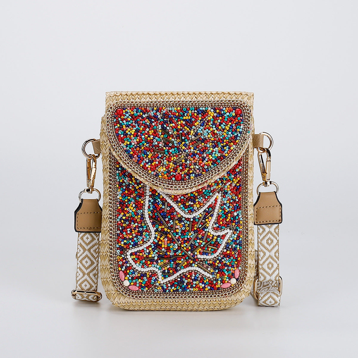 Beaded Straw Crossbody Bag – Woven Phone Pocket