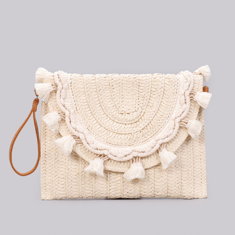 Paper Straw Envelope Bag – Woven Clutch with Fringe