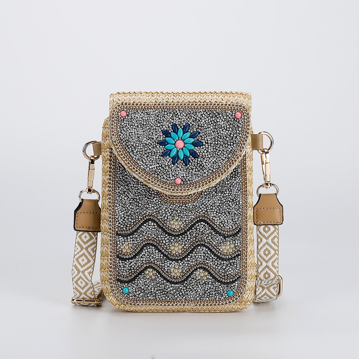 Beaded Straw Crossbody Bag – Woven Phone Pocket